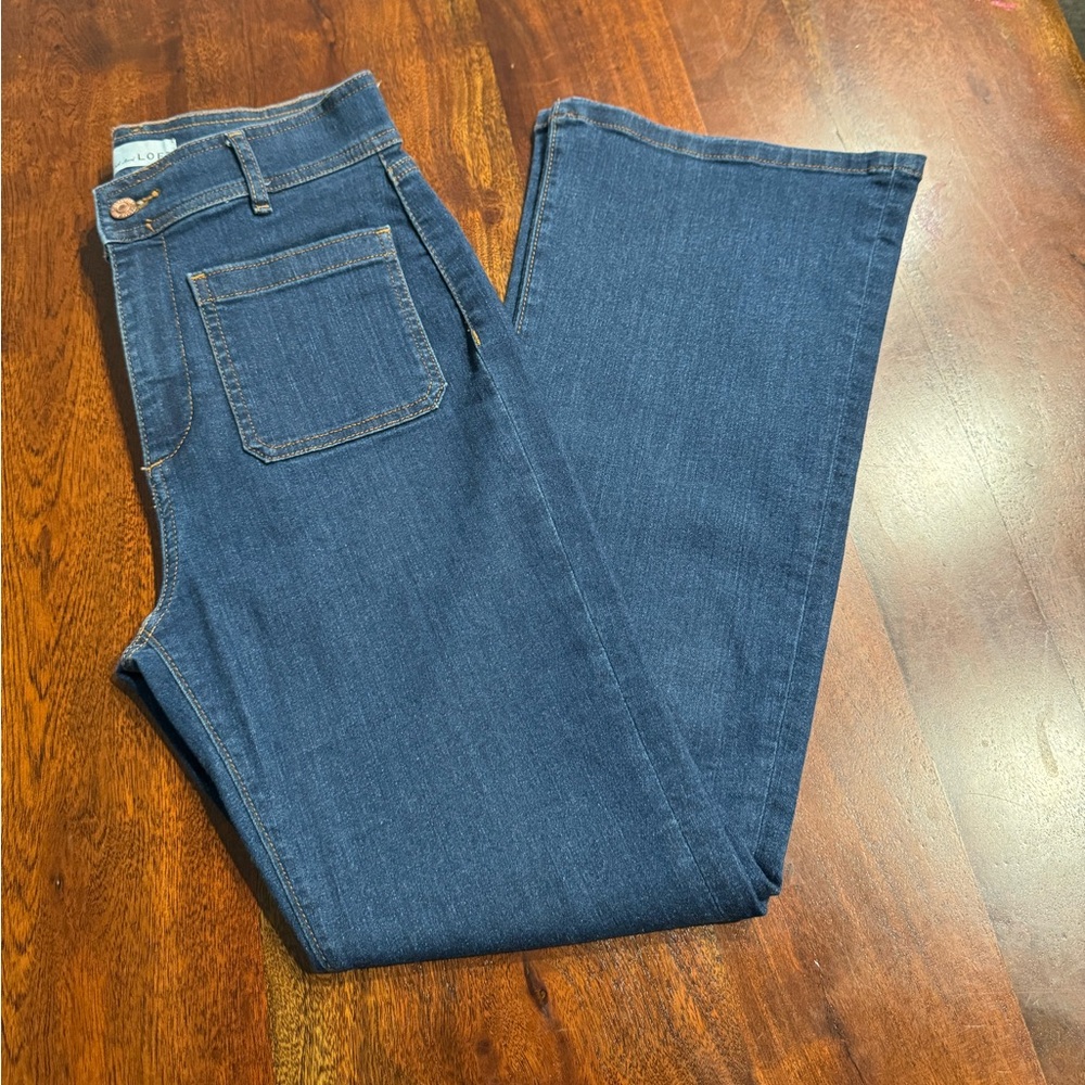 LOFT Blue Wide Leg Jeans Patch Pocket Slim Flare Dark Wash Retro - Picture 7 of 12